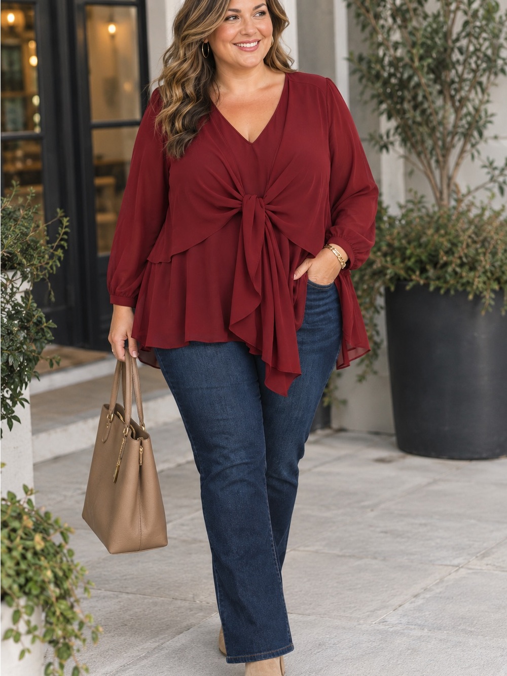 Susan Graver Burgundy Tie-Front V-Neck Blouse